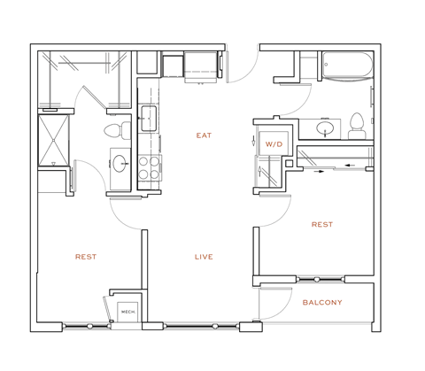 Floor plan for 2 beds, 2 baths, 789 sqft